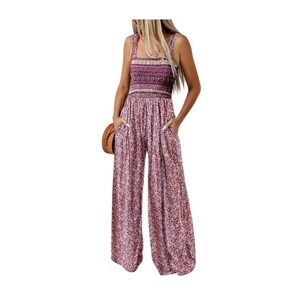 Dokotoo Floral Smocked Wide Leg Jumpsuit Boho Square Neck Sleeveless Pockets